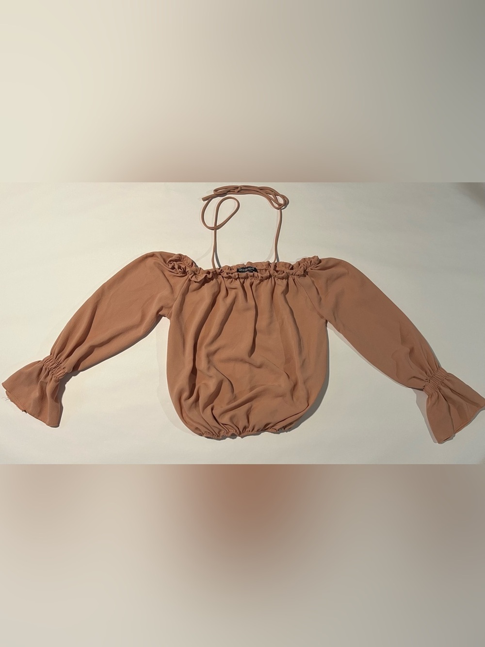 Fashion Nova Dusty Pink Off-Shoulder Crisscross Long Sleeve Crop Top - Picture 2 of 5